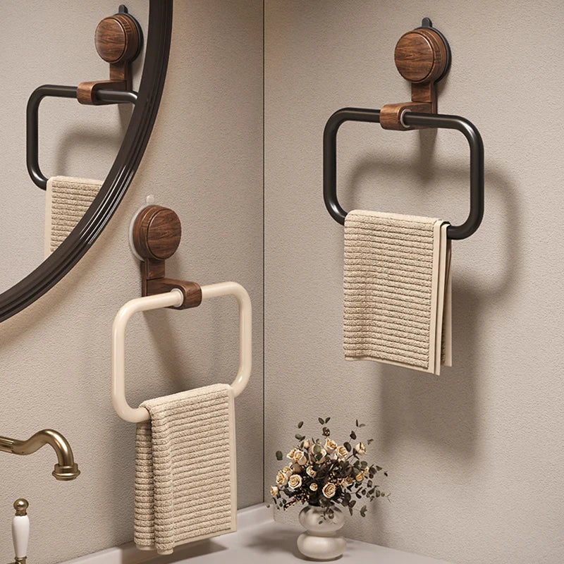porte serviettes mural succion noir beige marron clair poignée bois moderne rustique salle bain