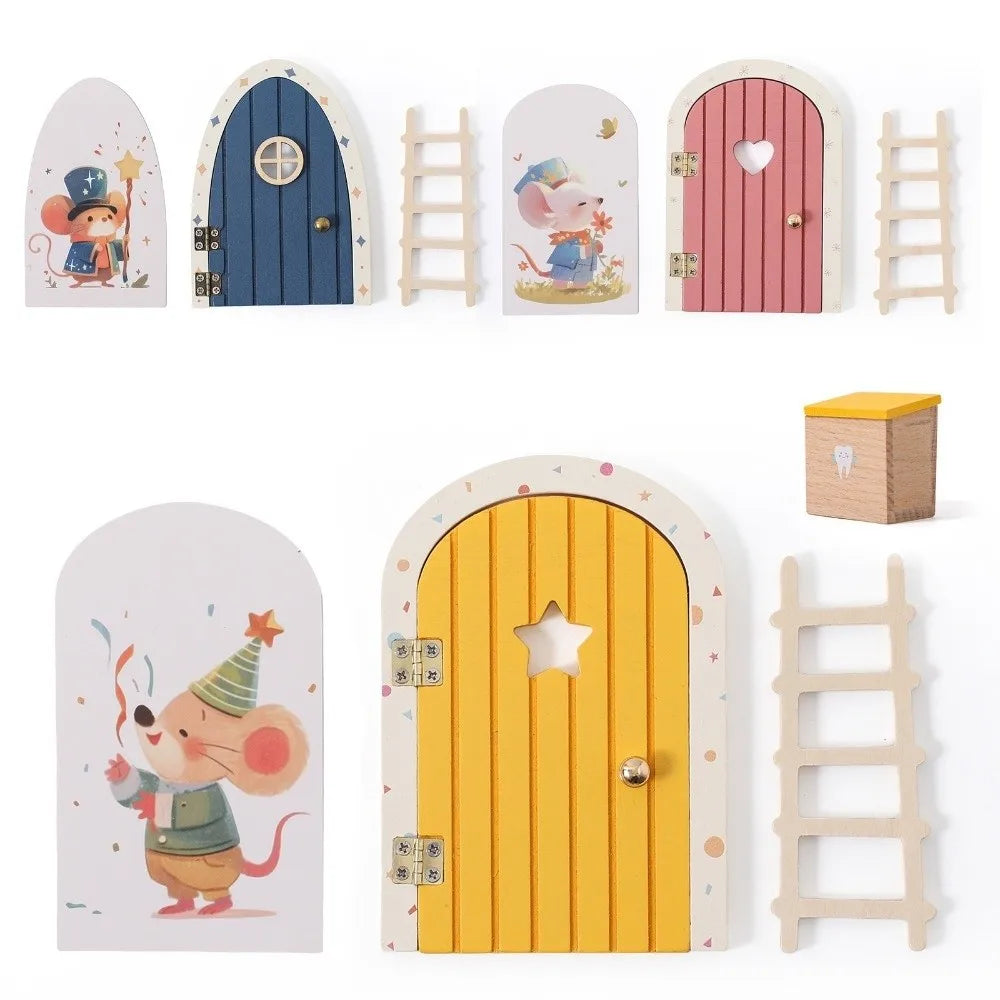 portes boîtes miniatures bois rainuré souris habillées coeurs étoiles rose bleu jaune