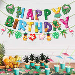 guirlande happy birthday tropicale flamants ananas feuilles palmier hibiscus ukulélé tiki vert rose orangé