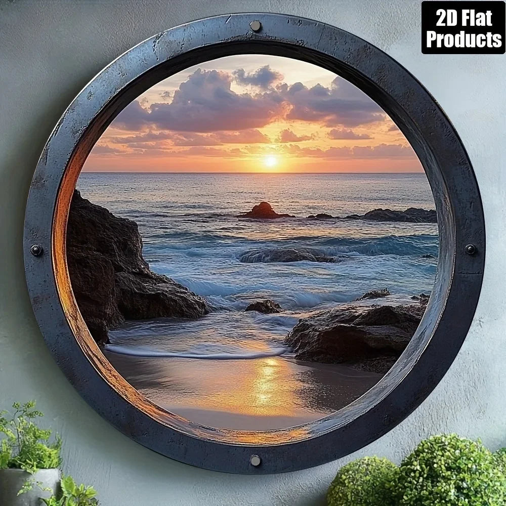 cadre mural vintage océan coucher soleil bleu gris marron bordure métallique vieillie 20x20cm