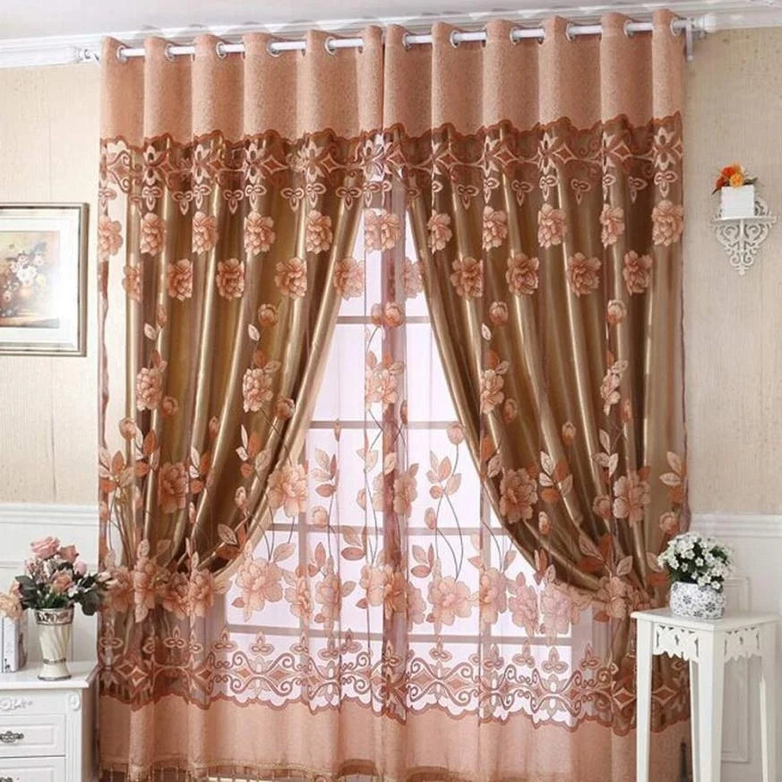 rideaux polonais floral translucides rose violet marron brodés chanvre romantiques salon chambre