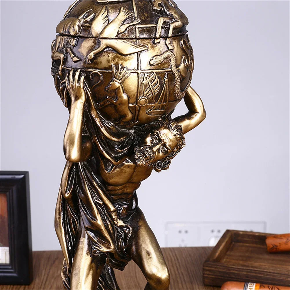 statue grecque atlas résine bronze doré détail homme globe terrestre décor maison