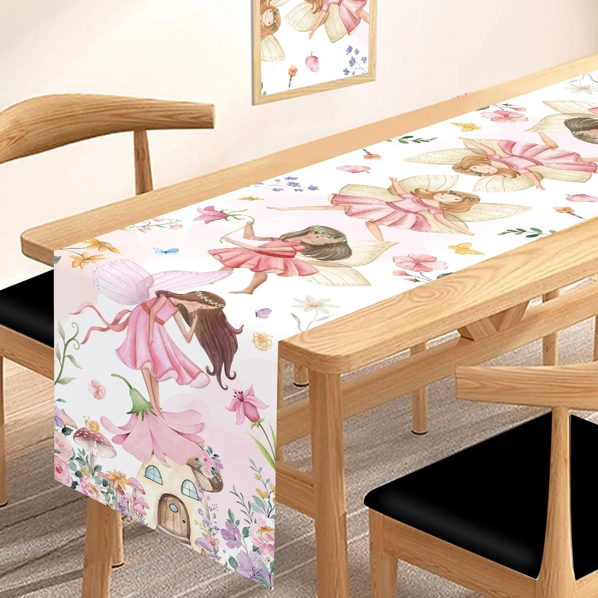 chemin table fleurs fées aquarelle fantaisie maisonnette rose blanc variété saisonnalité table