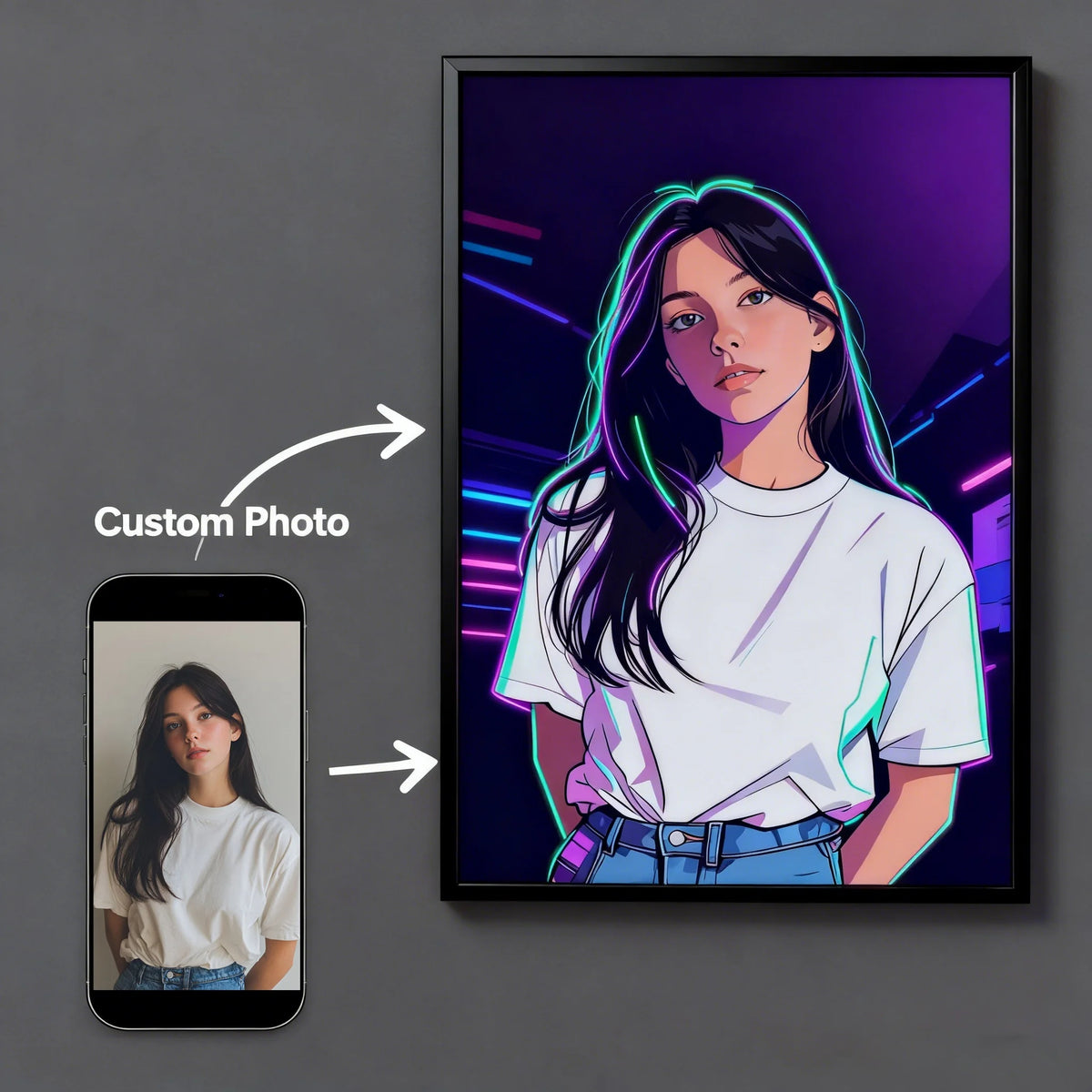 affiche murale personnalisée poster cyberpunk néon moderne rectangle vertical illustration graphique couleurs vives cadre