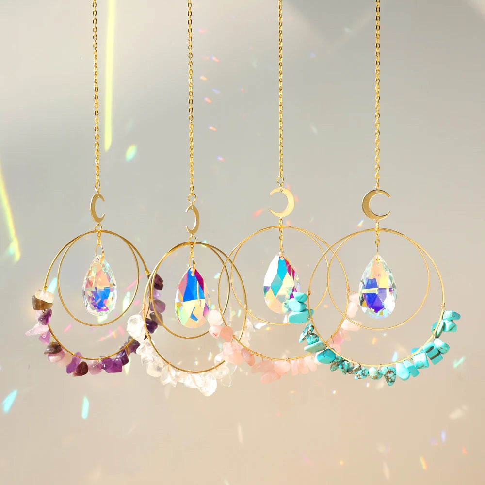 suncatcher ornement boho chic semi précieuses cristal violet blanc doré pendaison