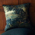 taies d'oreiller jacquard imprimées motif floral paysage vintage bleu vert beige respectueux environnement dimension