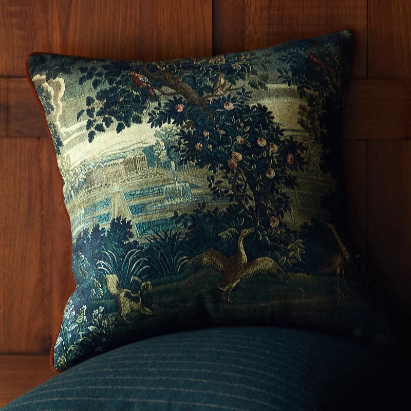 taies d'oreiller jacquard imprimées motif floral paysage vintage bleu vert beige respectueux environnement dimension