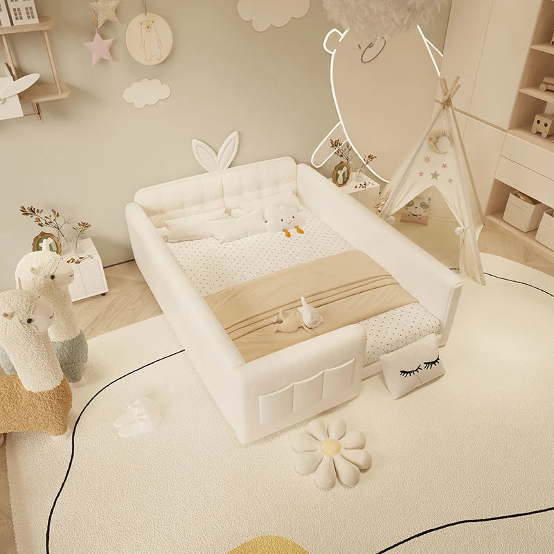lit convertible moderne bois texture cuir beige clair coussins oreillers chambre coucher