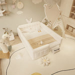 lit convertible moderne bois texture cuir beige clair coussins oreillers chambre coucher