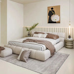 lit moderne minimaliste bois simili cuir beige clair rangement 180x200cm