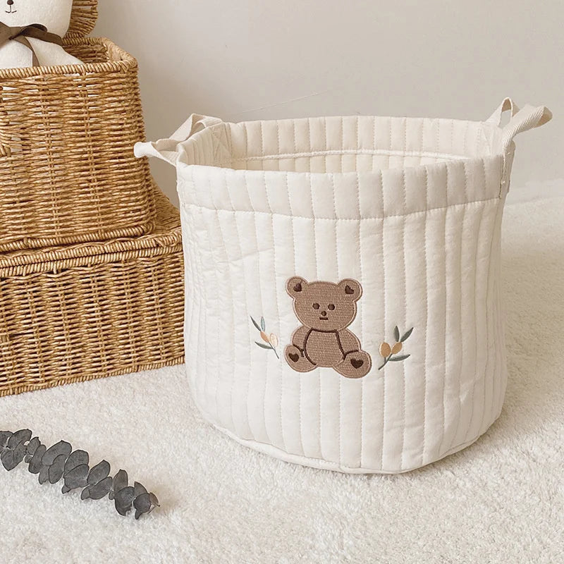 sac rangement coton brodé ours lapin blanc enfantin poignées tissu respectueux environnement coton épais