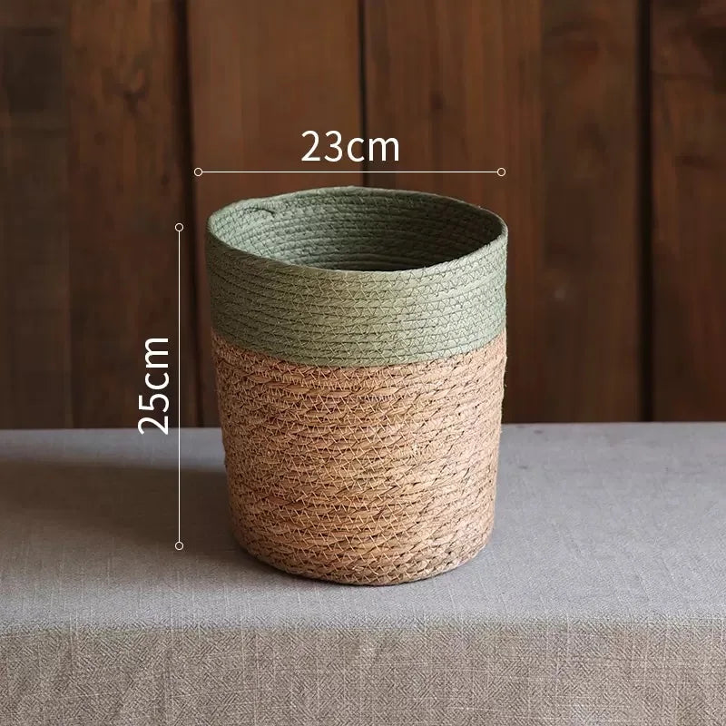 panier tissé main fibre naturelle vert clair beige rustique réutilisable respectueux environnement pliable rangement