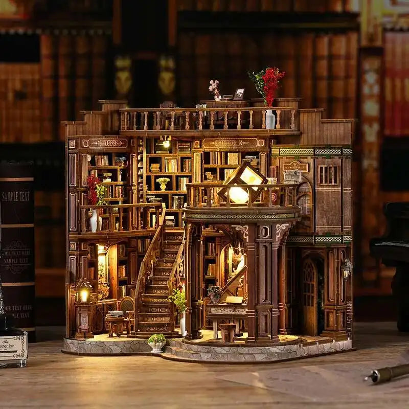 miniature bibliothèque bois vintage livres vases plantes lampe piano accessoires décoration adulte