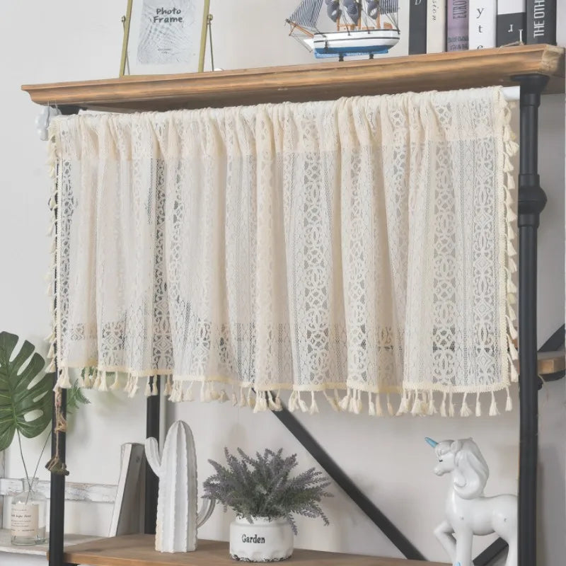 rideau cuisine beige dentelle géométrique vintage bohème opacité crochets franges