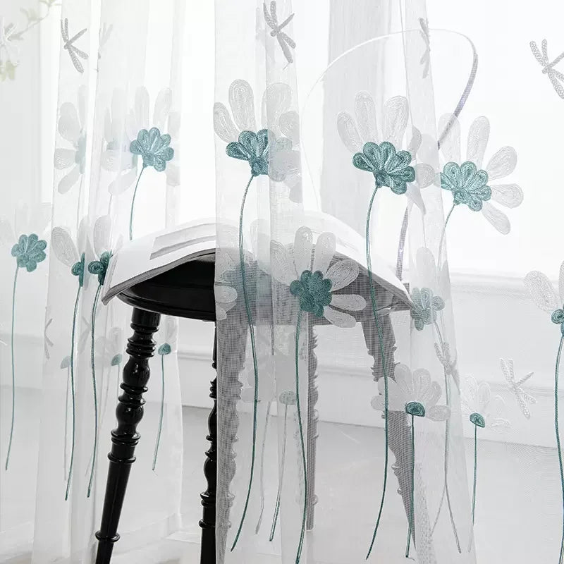 rideau moderne élégant fleurs blanches bleues transparent polyester chambre salon
