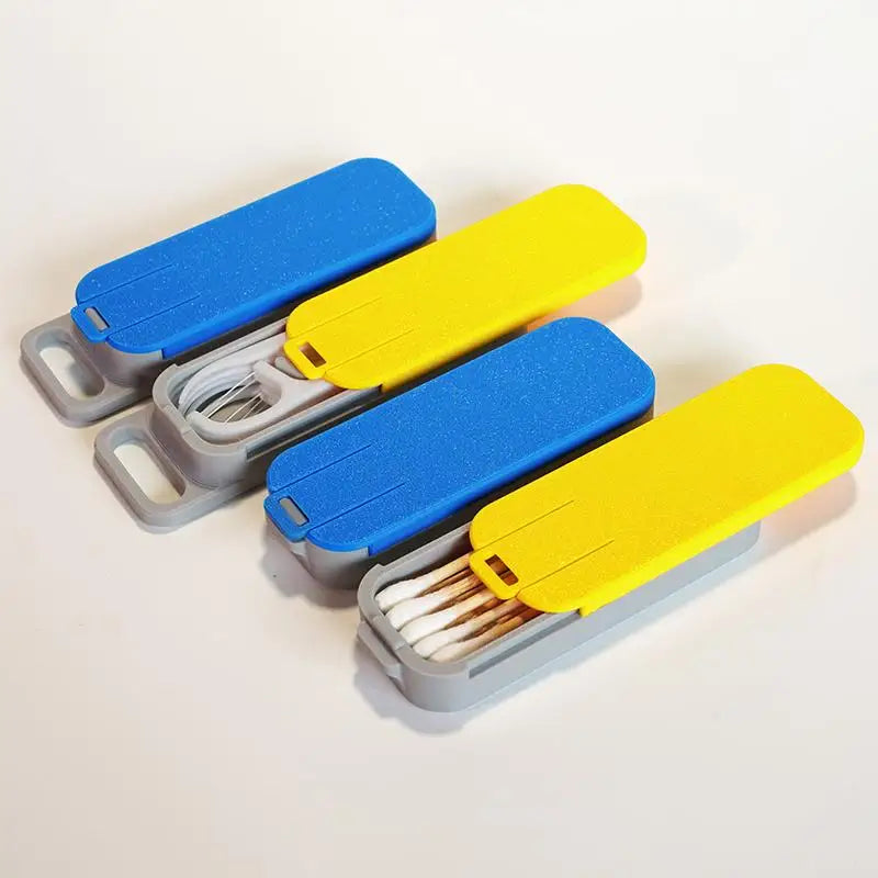 boîte rangement câbles bleu jaune gris texture granulée moderne pratique poignée portable sécurisée