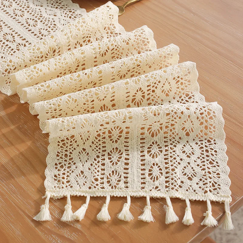 nappe coton dentelle floral bohème bordure frangée transparent table décoration chambre cuisine événement festive