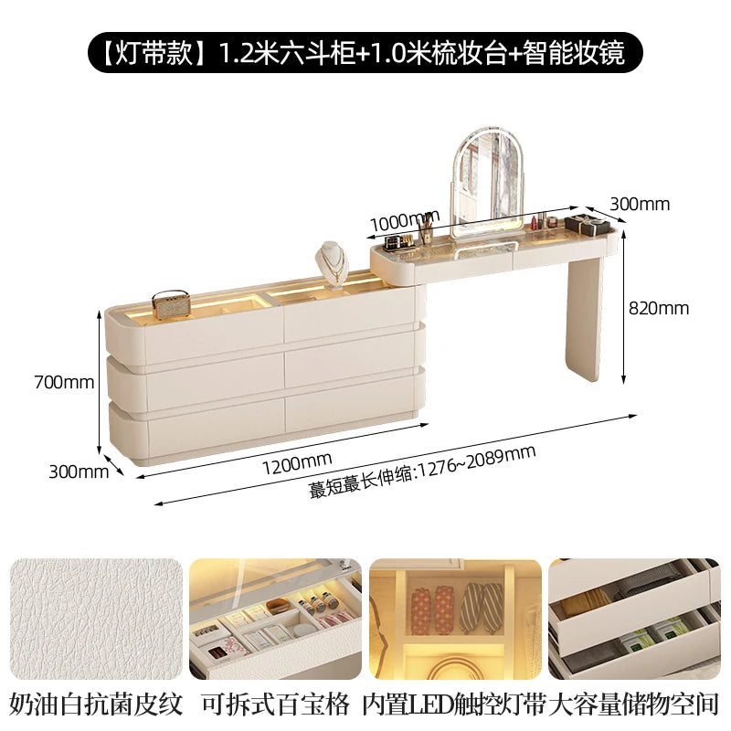 coiffeuse bois moderne beige miroir tiroirs tabouret étagère rangement chambre coucher