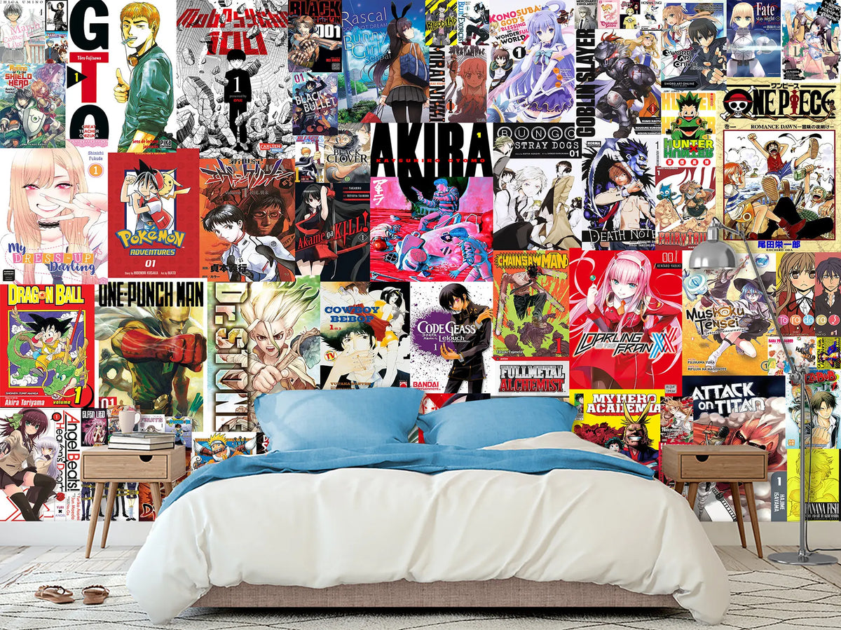 tapisserie manga anime pop art multicolore décoration murale papier peint personnages couvertures environnements chambre