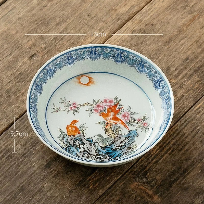 service thé traditionnel céramique émaillée fleurs papillons artisanal blanc bleu vert rose brun