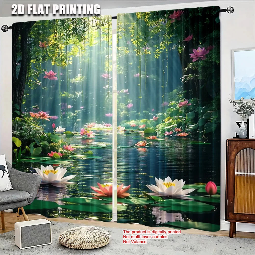 rideau polyester paysage forêt fleurs lotus moderne opacité vert blanc rose