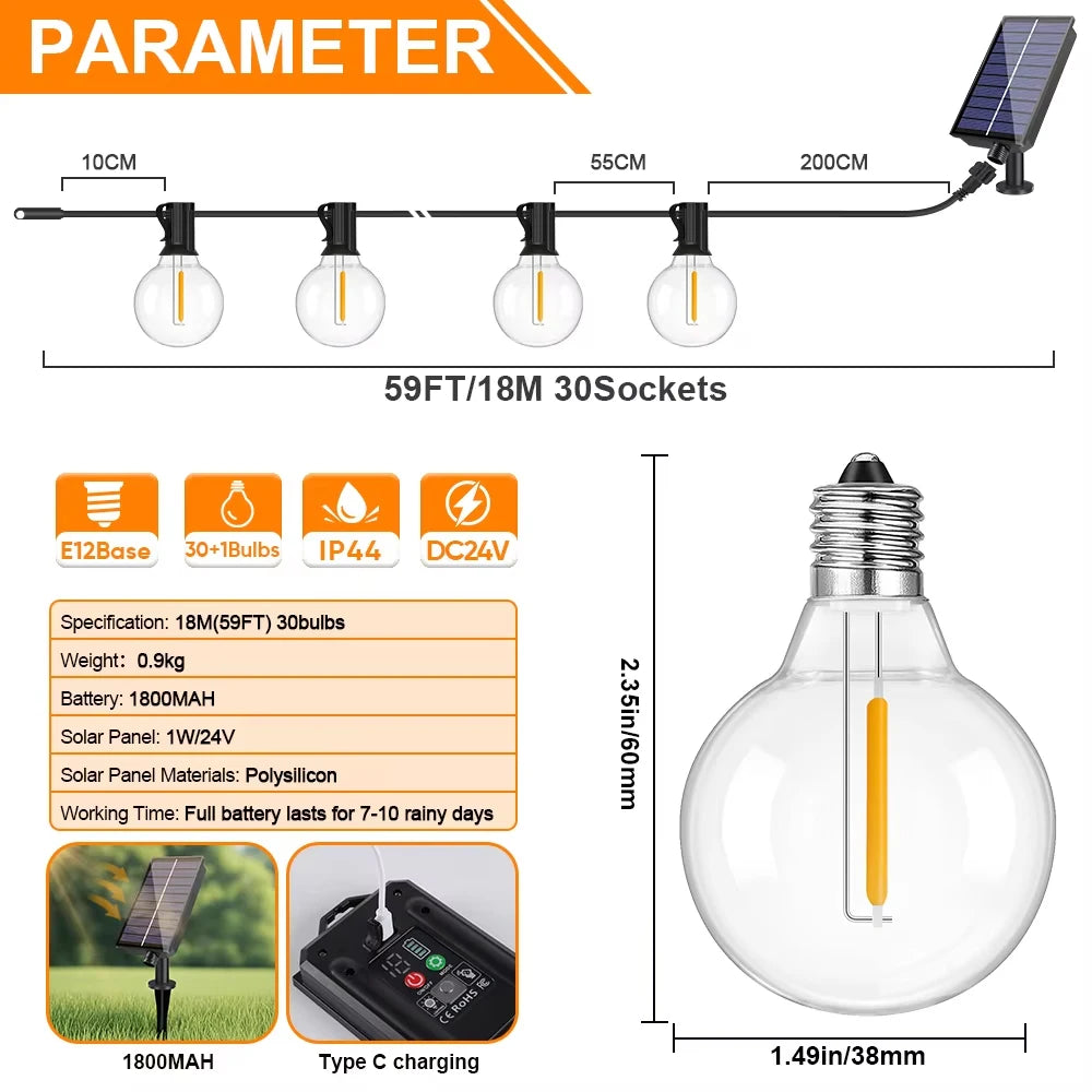 guirlande lumineuse solaire filaments apparents 15m 25 ampoules edison suspendue extérieure
