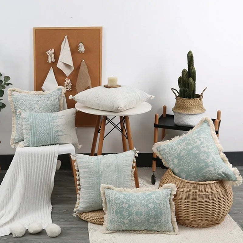 coussin imprimé géométrique boho chic bleu clair beige adhésif 45x45cm décoratif lit siège voiture