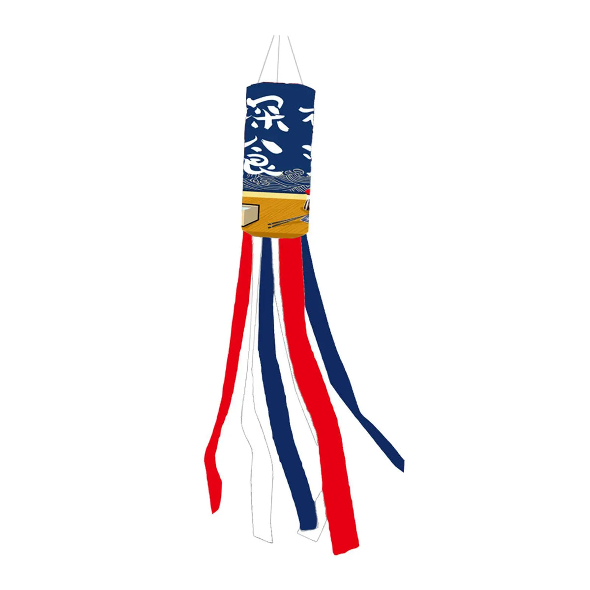 Éventail vent koinobori japonais motifs maneki neko rubans colorés bleu marine rouge blanc