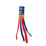 Éventail vent koinobori japonais motifs maneki neko rubans colorés bleu marine rouge blanc
