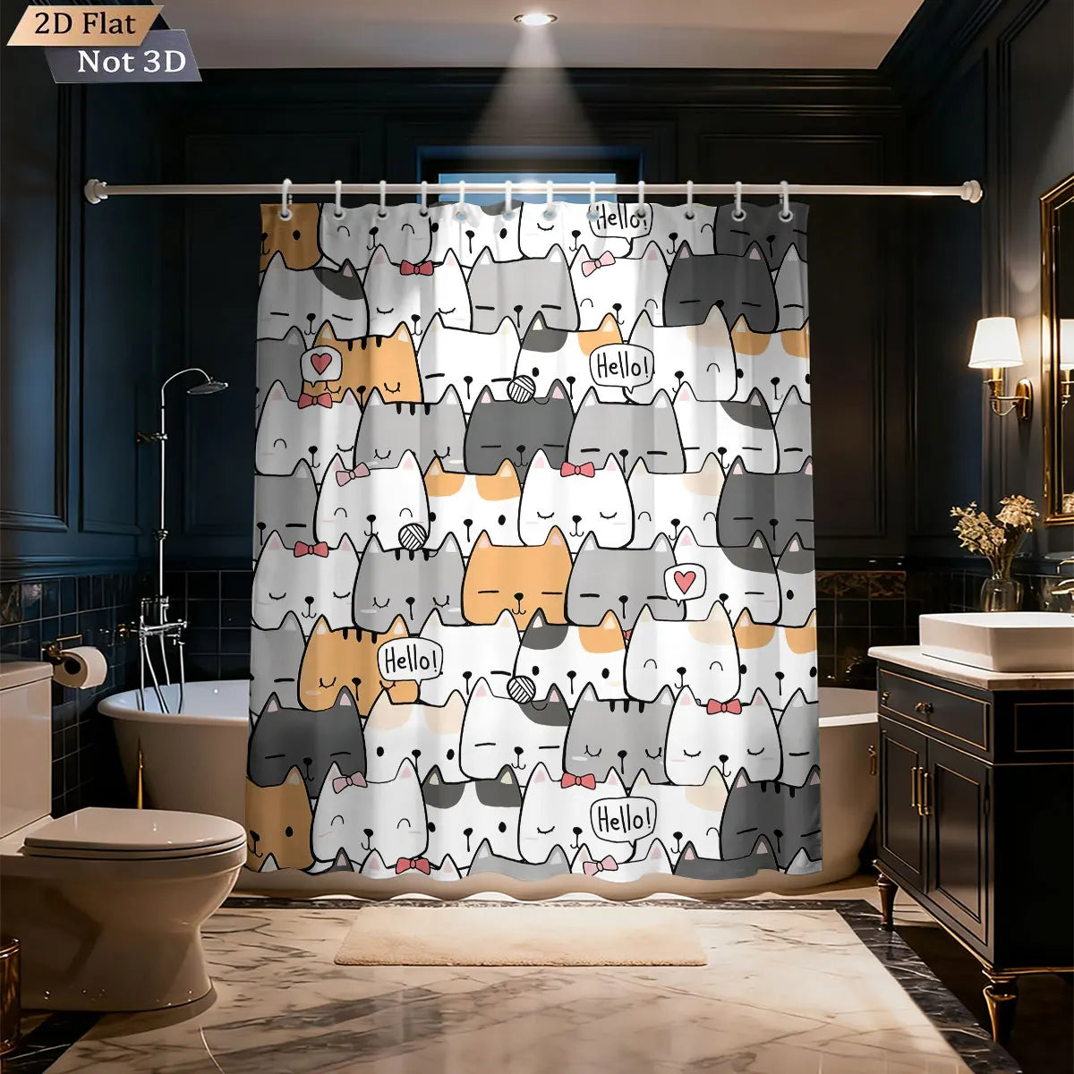 rideau douche imperméable chat dessin animé mignon exprime hello crochets gris blanc orange rose