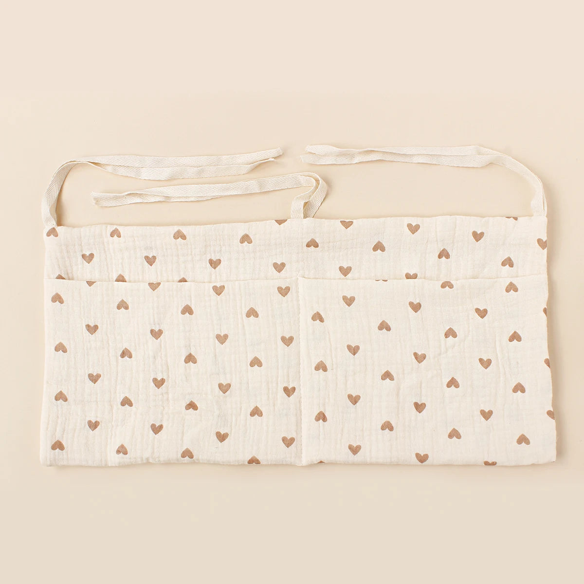 sac rangement lit bébé coton coeurs dorés gris simple double poche fixation ruban