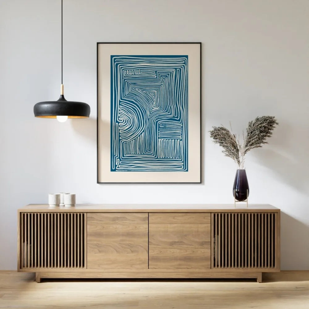 affiche abstraite moderne toile bleu beige lignes rectangulaire vertical sans cadre
