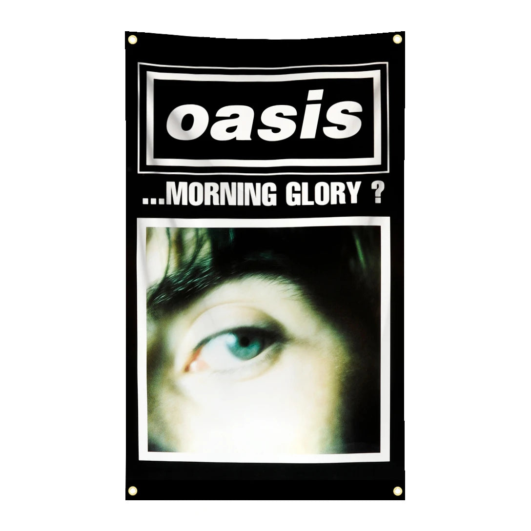 bannière rock vintage oasis logo union jack scène musicale noir rouge bleu