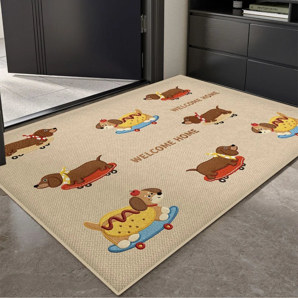 tapis d'entrée beige chien mignon welcome motif floral décoration maison moderne sol intérieur