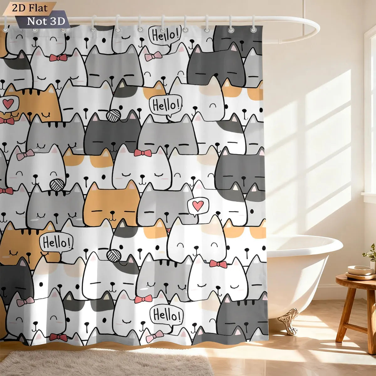 rideau douche imperméable chat dessin animé mignon exprime hello crochets gris blanc orange rose