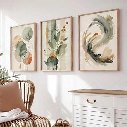 affiches contemporaines abstraites couleurs vert beige géométriques salon chambre coucher decoration minimaliste