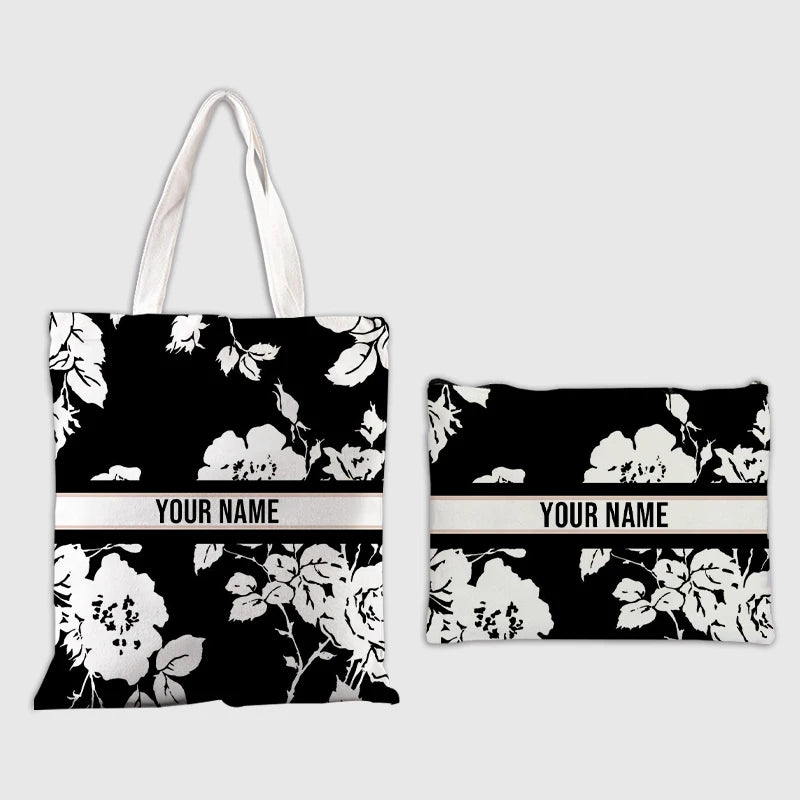 sac main toile noire fleurs blanches pochette géométrique motif blanc personnalisation prénom bandoulièreversible organiser