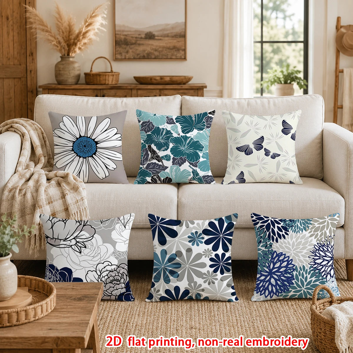 housse coussin carrée décorative motif floral papillon bleu gris blanc salon chambre moderne polyester