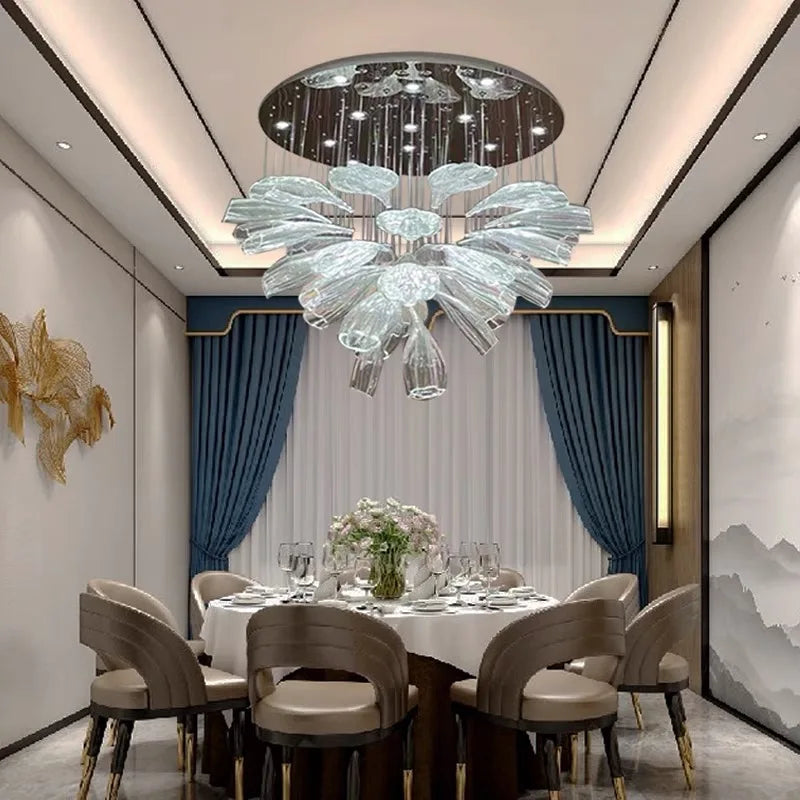 lustre suspendu led cristal transparent forme feuilles fleurs moderne luxe salon hall villa