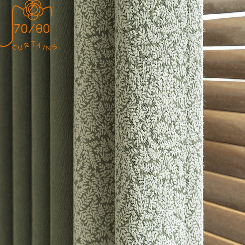 rideau vert olive imprimé feuilles blancs opaques classique ruban fixation