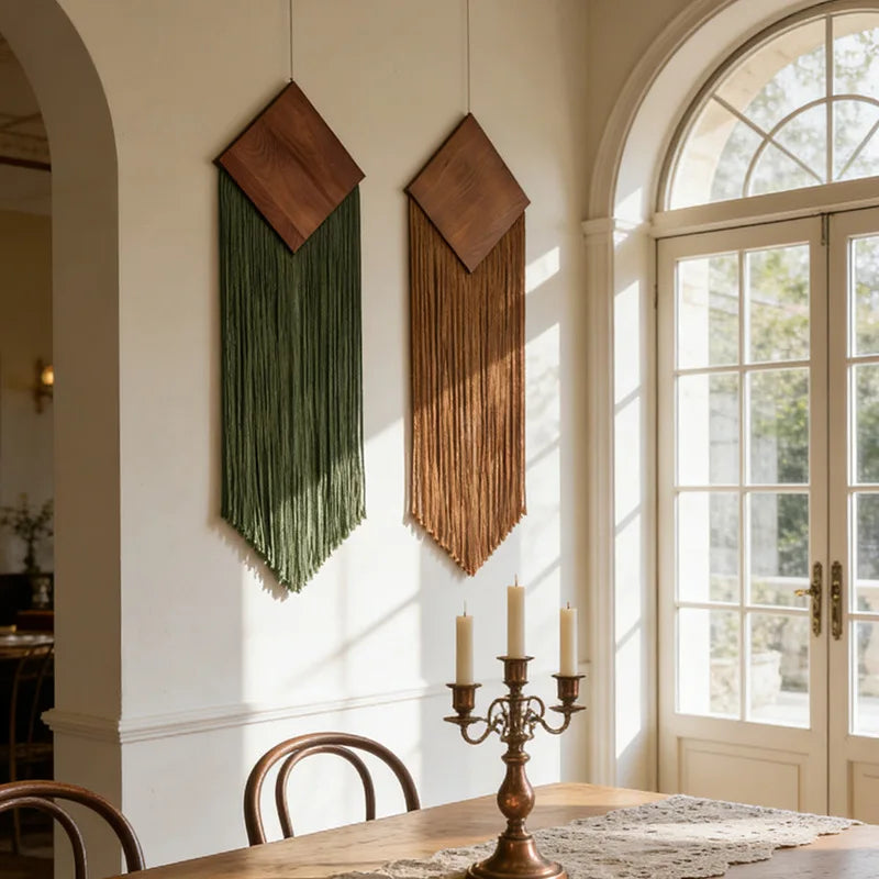 tapisserie murale moderne boho chic vert marron beige franges tissu coton polyester
