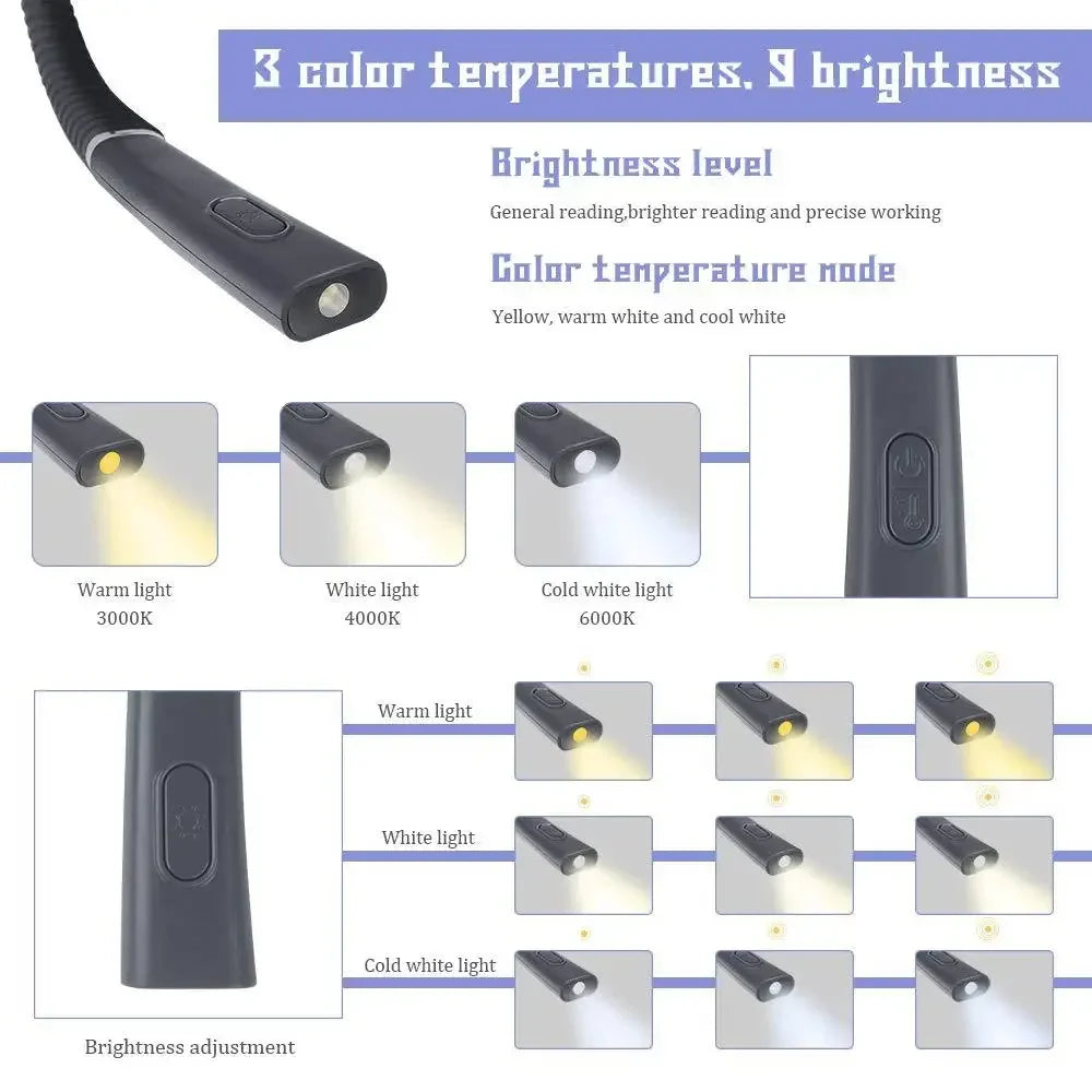 lampe lecture rechargeable led gris élastique noir moderne bouton luminosité mode lumière fente batterie