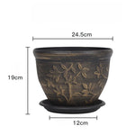 pots fleurs noirs classiques gravures feuilles fleurs plateau drainage visible