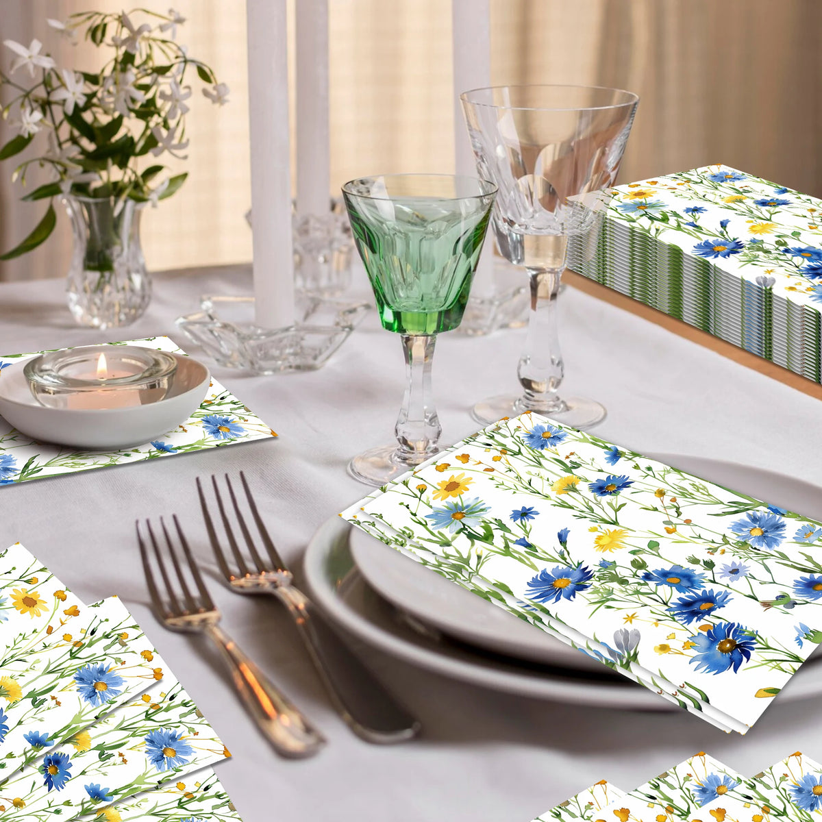 serviettes papier jetables fleurs bleues jaunes salle bain festives motifs floraux noël