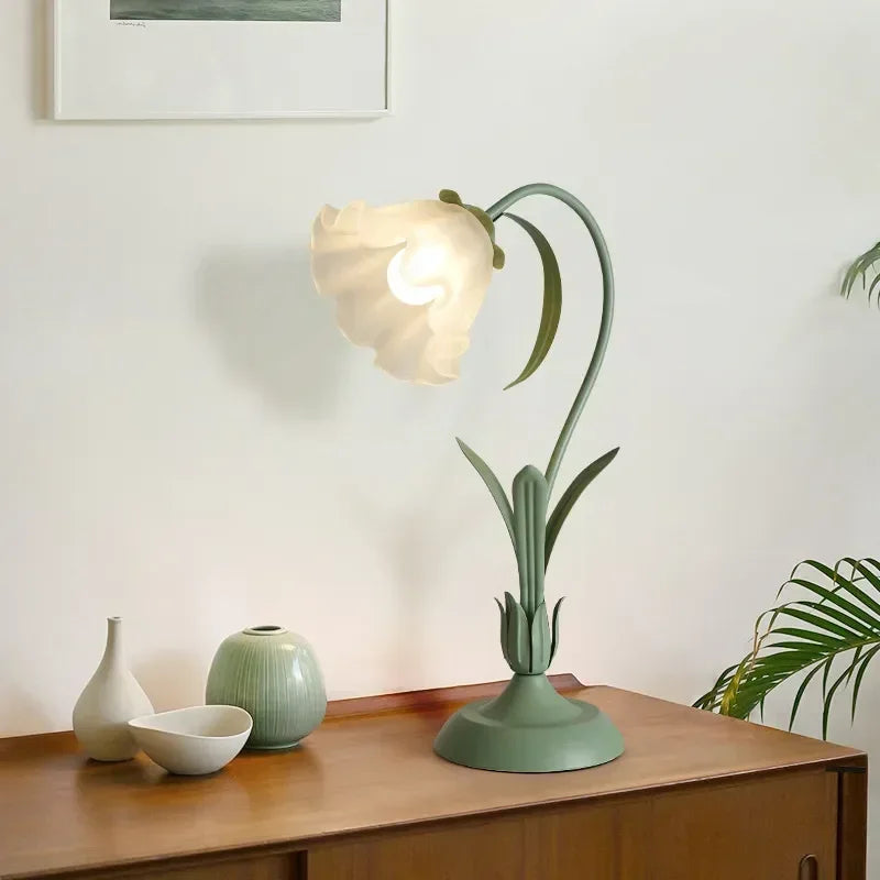 lampe table moderne fleur vert rose abat jour blanc chambre coucher led verre trempé