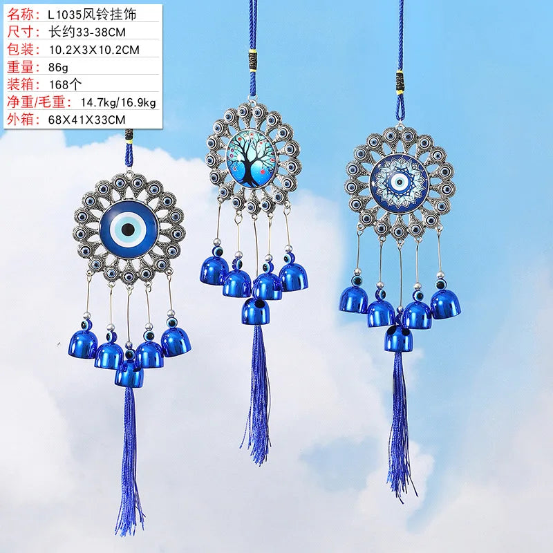 pendant ethnique attrape rêves œil bleu argenté clochettes métal maison jardinextérieur