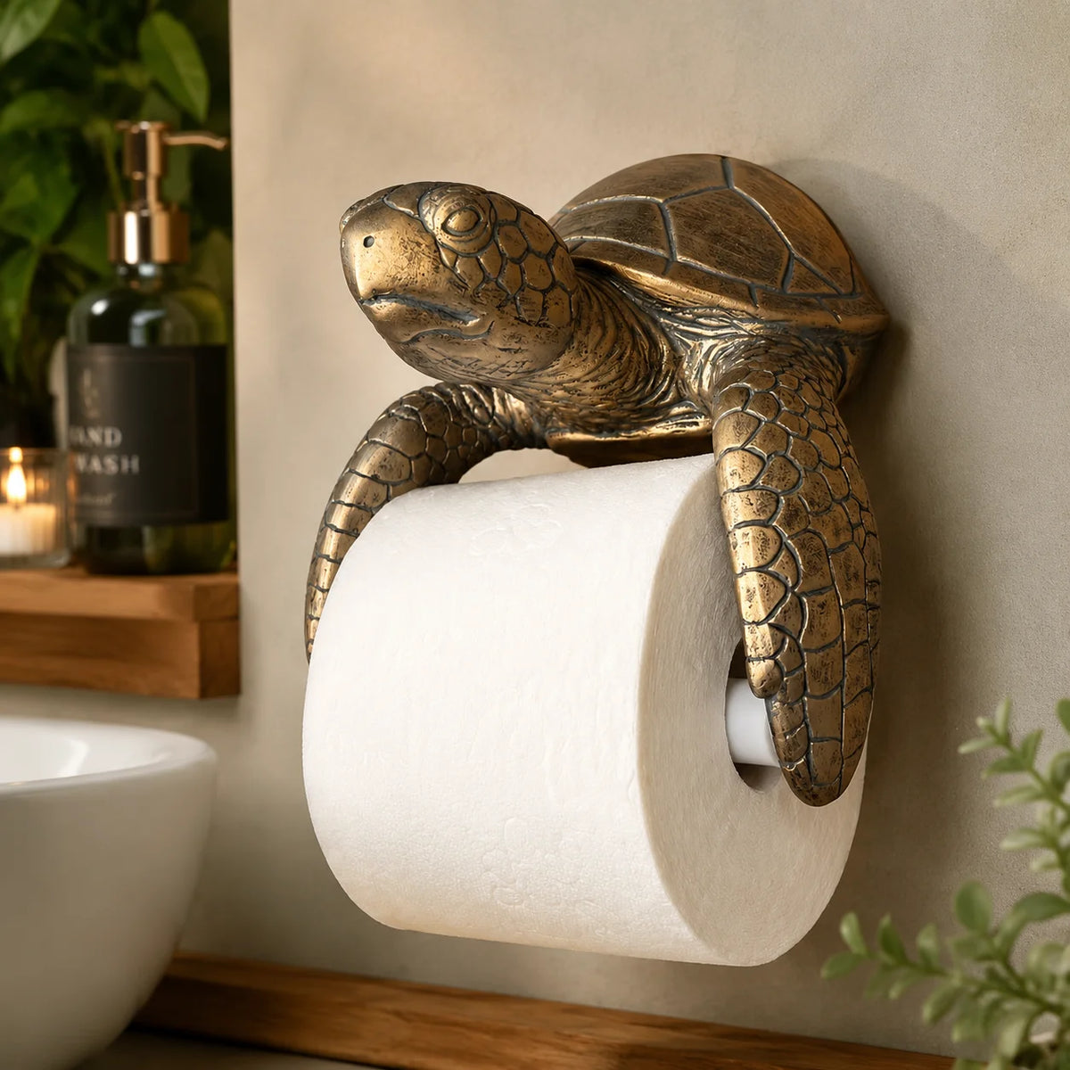 porte rouleau papier toilette forme tortue bronze doré decoratif animalier original plaque metallique fixation