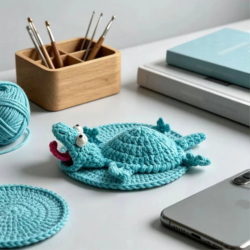 coasters crochetés lézard créatifs artisanaux beige bleu vert adhésifs mignons 3d diys