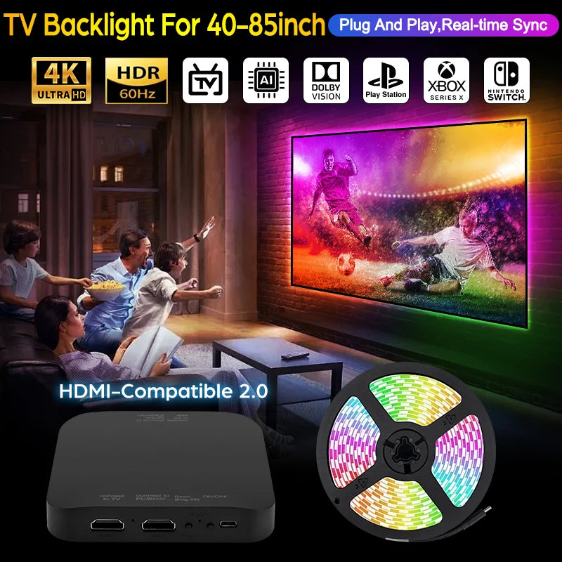 bande lumineuse led multicolore rayures horizontales adhésif moderne télévision 4k hdmi synchronisation écran 40