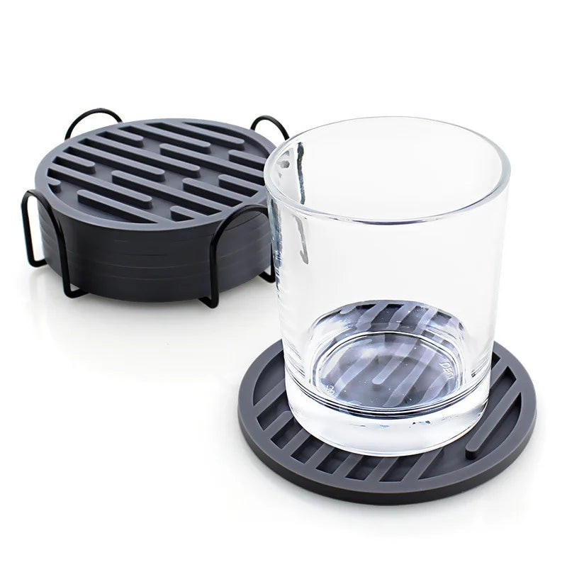 coasters silicone noirs rayures horizontales adhésifs résistants chaleur moderne respectueux l'environnement(viscoses) 10cm 5cm